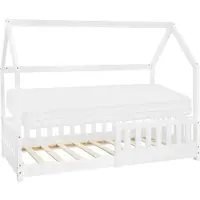 ML-Design Kinderbett 80x160 cm mit Matratze, Rausfallschutz, Dach und Lattenrost, Weiß, Hausbett aus Kiefernholz Bodenbett Holzbett