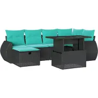 Syfax 7-teiliges Gartensofa-Set mit Kissen, schwarzes Polyrattan