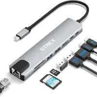 Strex 8 in 1 USB C Hub - Docking Station - USB Splitter - 4K HDMI - USB A - USB C - Ethernet - Micro SD - Geeignet für Laptop, Macbook, Windows