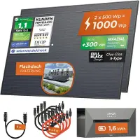 Solarway All In One Balkonkraftwerk mit Speicher 1000W komplett Steckdose - 1,6 kWh Anker Solix 2 PRO Speicher - Solaranlage Komplettset - 500W bifaziale Solarmodule & Anker Speicher & Zubehör