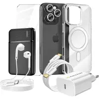 Mayaxess , Komplett-Paket für iPhone 16 Pro Hülle, Schutzglas, Ladegeräte, Powerbank, Kopfhörer (7-teilig), Transparent