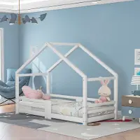 OKWISH Kinderbett Hausbett mit Schornstein Rausfallschutz Robuste Lattenroste Kiefernholz Haus Bett für Kinder, 90 x 200 cm ohne Matratze, Weiß