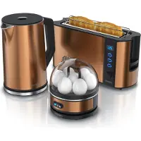 Arendo Frühstücks Set, Wasserkocher 1,5l Temperaturwahl, 2-Scheiben Toaster & Eierkocher für 7 Eier, Kupfer