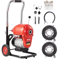 Vevor Rohrreinigungsmaschine 120 Fuß x 6/5 Zoll, 1100 W elektrische Rohrreinigungsmaschine mit manueller Zufuhr – mit 2 Stahlkabeln, 6 Schneidern und CW/CCW-Steuerung für 4" bis 8" Rohre