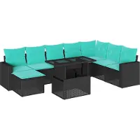 Syfax 9-teiliges Gartensofa-Set mit Kissen, schwarzes Polyrattan