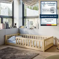 KIDS Collection Kinderbett Bodenbett mit Matratze, Rausfallschutz & Lattenrost in natur Mädchen Jungen Bett Jugendbett Einzelbett 90x200 cm von 4. bis 18. Lebensjahr