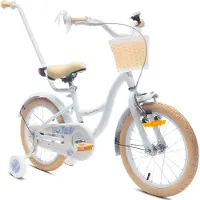 Sun baby Flower Bike Kinderfahrrad für Mädchen 16 Zoll, ab 4 Jahre, mit Stützrädern, abnehmbarer Schubstange, Korb, Klingel, Rücktrittbremse & V-Brake