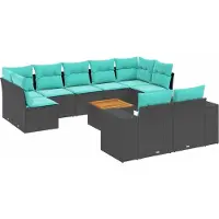 Syfax 10-teiliges Gartensofa-Set mit Kissen, schwarzes Polyrattan