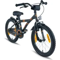 Prometheus Kinderfahrrad 18 Zoll Jungen und Mädchen in Schwarz Matt & Orange mit Aluminium Seitenständer | Alu V-Brake und Rücktrittbremse | inkl. Sicherheitspaket | ab 6 Jahre | 18“ BMX Edition 2018