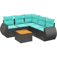 Syfax 6-teiliges Gartensofa-Set mit Kissen, schwarzes Polyrattan