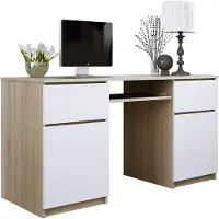 3Xeliving Schreibtisch: 2 Schubladen, Sonoma-Eiche / Mattweiß, 135 x 77 x 50 cm
