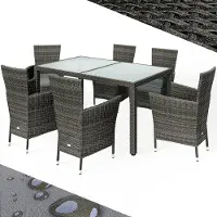 Casaria Gartenmöbel Polyrattan 6 Stühle Stapelbar 150x90cm Gartentisch Glas Wetterfest Outdoor Modern Terrasse Sitzgruppe Essgruppe Garnitur Set, Farbe:Grau