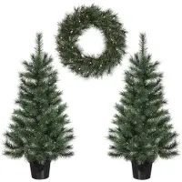Black Box Glendon twee künstlicher Weihnachtsbaumpjes + krans 90xø45cm | grün | 85 LED-Lichter | set van 3 | voordeurversiering