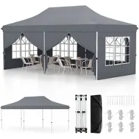 Costway 3x6m Faltpavillon mit 6 abnehmbaren Seitenwänden, Tragetasche, Pavillon höhenverstellbar wasserabweisend, UV-Schutz 50+ grau