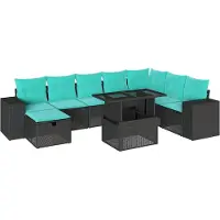 Syfax 9-teiliges Gartensofa-Set mit Kissen, schwarzes Polyrattan