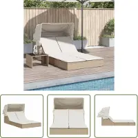 The Living Store Doppel-Sonnenliege mit Dach und Auflagen Beige Poly Rattan