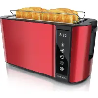 Arendo Langschlitz-Toaster 1500 W für 4 Scheiben, Toastautomat mit Touchpanel, Display mit Restzeitanzeige, 7 Bräunungsstufen, Brötchenaufsatz, Auftaufunktion, Edelstahl, rot