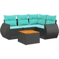 Syfax 5-teiliges Gartensofa-Set mit Kissen, schwarzes Polyrattan