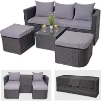 Mendler 3in1-Garnitur HWC-J37, Garten-/Lounge-Set Sonneninsel, Spun Poly Poly-Rattan MVG anthrazit, Kissen hellgrau