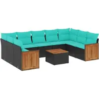 Syfax 10-teiliges Gartensofa-Set mit Kissen, schwarzes Polyrattan