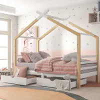 STILVORA Bettgestell 90x200 mit Dach für Jugendliche und Kinder,Kinderbett mit Schubladen&Lattenrost,Holzbett in Hausform,Weiß+Natur(ohne Matratze)