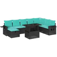 Syfax 9-teiliges Gartensofa-Set mit Kissen, schwarzes Polyrattan