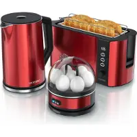 Arendo Frühstücksset 3-teilig, Wasserkocher ELEGANT 1,5 l mit Temperaturwahl, Langschlitz-Toaster FRUKOST 4 Scheiben, Eierkocher SEVENCOOK für 7 Eier, Küchengeräte in Rot