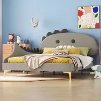 STILVORA Kinderbett 140x200cm Flachbett Doppelbett mit Lattenrost,Jugendbett Einzelbett mit Kopfteil in Dinosaurierform,Grau (ohne Matratze)