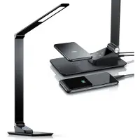 Brandson Schreibtischlampe LED mit Qi-Ladepad, Tischleuchte 500 Lumen, 66 SMD-LEDs, 5 Farbtemperaturen, 5 Helligkeitsstufen, USB-Anschluss, Memory-Funktion, Metall, schwarz