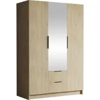 Mirjan 24 Kleiderschrank Calwi II 150, Schlafzimmer, mit Spiegel, Drehtürenschrank, mit Kleiderstange, Modern, Garderobenschrank, Metallgriffe (Farbe: Eiche Cremone + Schwarz)