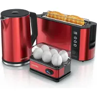 Arendo Frühstücksset 3-teilig rot, Wasserkocher ELEGANT 1,5 l 2000 W mit Temperaturwahl, Langschlitz-Toaster FRUKOST 1000 W, Eierkocher SIXCOOK für 6 Eier