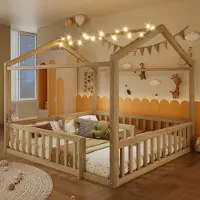 Flieks Kinderbett Hausbett 90/180x190cm mit LED, Bodenbett Holzbett mit Rausfallschutz und Lattenrost, Flachbett für 2 Kinder, Naturbelassen
