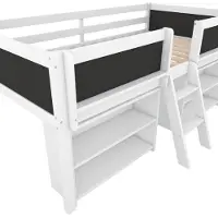 OKWISH Kinderbett Einzelbett 90x200cm mit Mehrere Einlegeböden zur Aufbewahrung, Geländer, Leiter, Jugendbett Halbhohes Bett mit Rausfallschutz(Ohne Matratze)- Weiß