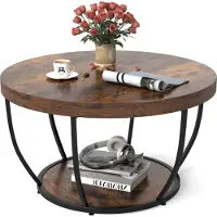 Costway 2-stöckiger runder Couchtisch, robuster Tee-/Kaffeetisch mit 80 cm Durchmesser & Metallrahmen, Akzenttisch für Zuhause mit Tischplatte