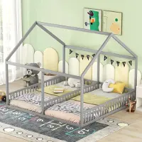 Merax Kinderbett 90x200cm mit Rausfallschutz, Lattenrost und Dachform, zwei Einzelbetten unter einem Dach, 2-in-1 Hausbett Kieferholz Plattformbett für 2 Kinder, Grau