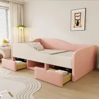 Flieks Kinderbett 90x190cm mit Schubladen und Staufach, Polsterbett Einzelbett mit Lattenrost, Kinder Schlafsofa mit Rausfallschutz, Samt, Rosa