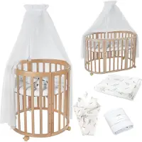 Waldin Babybett Oval 7in1 aus Holz mit Matratze, Rollen, Regal, Natur
