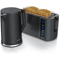 Arendo Frühstücksset 2-teilig, Wasserkocher ELEGANT 1,5 l 2000 W mit Temperaturwahl, Doppellangschlitz-Toaster FRUKOST TOUCH 4 Scheiben 1500 W, Küchengeräte in Schwarz