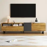 Merax TV-Schrank mit 3 Türen und 2 Fächern, TV-Lowboard Sideboard mit U-förmigen Metallbeinen, Wohnzimmermöbel mit Retro Holzdekor, Grau Natur