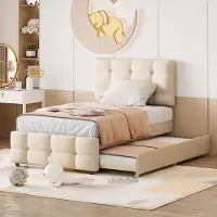 UnboxG Gepolstertes Ausziehbett 90x200cm beige: verstellbares Kopfteil, weiches Leinen, flach, Kinder-/Jugendlichen-, Gästebett