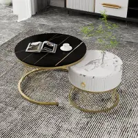 OKWISH Couchtisch Rund 2er-Set, Satztisch Beistelltisch für Schlafzimmer Balkon, Satztische fürs Wohnzimmer, Wohnzimmertisch mit Marmoroptik,Weiß