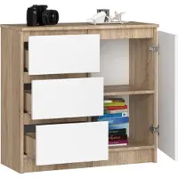 BDW , Kommode, 3 Schubladen, 1 Tür, Schrank, Sideboard, Eiche Sonoma / Weiss