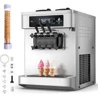 Vevor Kommerzielle Softeismaschine 20-28 L/h, Speiseeisbereiter 2200 W, Gewerbliche Eiscrememaschine mit 3 Aromen & 2 x 6-Liter-Behältern & Vorkühlung & Warnfunktion bei Niedrigem Mischungsstand