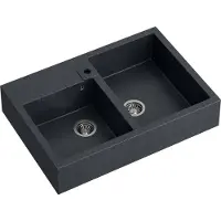 Quadron Spülbecken 2-Becken Spüle | Größe: 90 x 62 x 20,5 cm | BILL 120 | Granitspüle aus GraniteQ mit Siphon | Schwarz Metallisch + Stahl