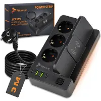 Reagle Steckdosenleiste mit Qi Ladestation 3 Meter 3x 230V 2x USB A 2x USB C Power Strip Überlastungsschutz für Handy Laptop Schreibtisch Ordnung