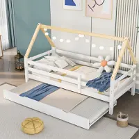 STILVORA Kinderbett 90x200 mit Ausziehbett 90x190, Baumhausbett, Schiebebett mit Rollen unten, Massivholz, weiß