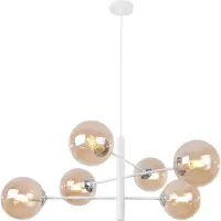 Light11 HOME Vicenza Hängelampe Weiss Chrom 6 Flache Honigfarbige Lampenschirme E14