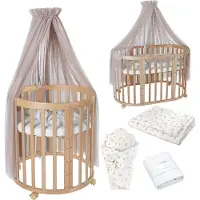 Waldin Babybett Oval 7in1 aus Holz mit Matratze, Rollen, Regal, Natur