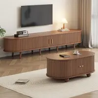 Merax Wohnwand Set 2-teilig, TV-Schrank und Couchtisch aus MDF, Wohnzimmer-Set mit Stauraum und Massivholzfüßen, modernes Design, Nussbaum