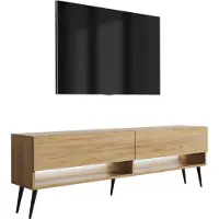 3Xeliving TV-Lowboard 170 cm Eiche Craft, schwarze schräge Beine, weiße LED